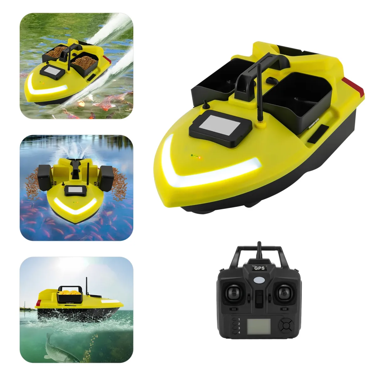 Bateau d'appâtage télécommandé jaune