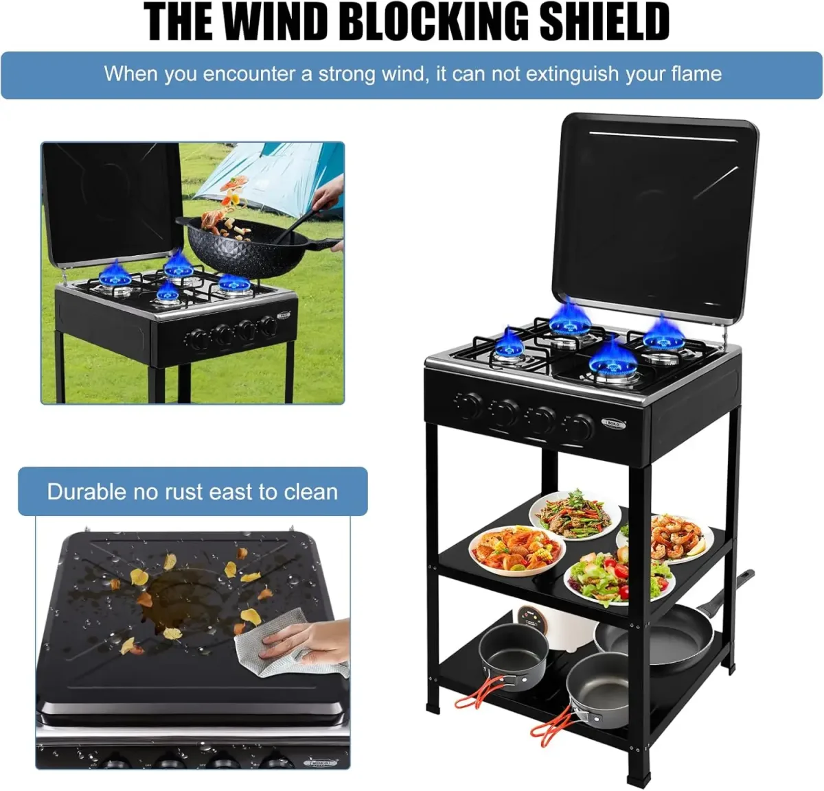 Cuisinière à gaz portable 4 brûleurs noire
