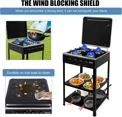 Cuisinière à gaz portable 4 brûleurs noire