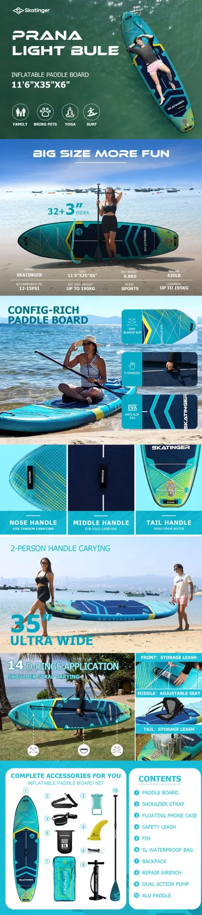 Planche de SUP gonflable bleue 350 cm – image 2