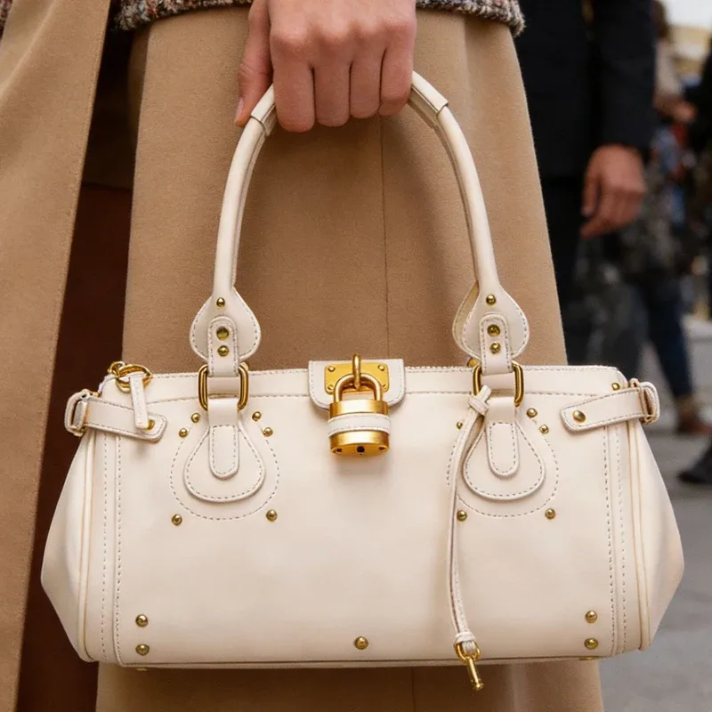 Sac à main rétro en cuir blanc à rivets