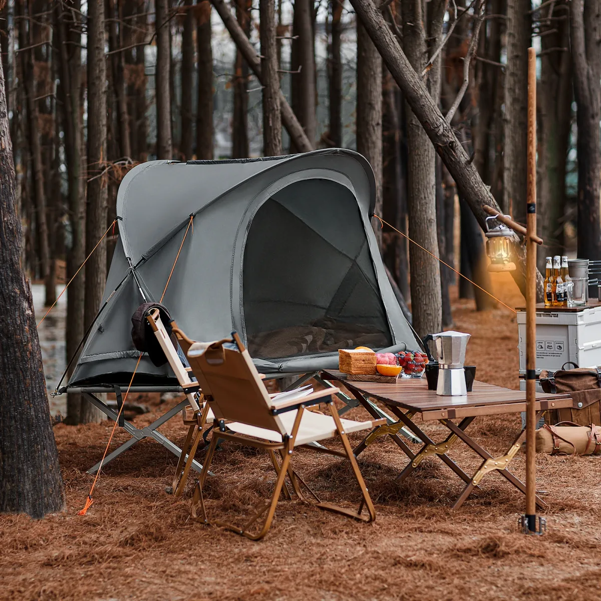 Tente dôme avec lit de camp pliant